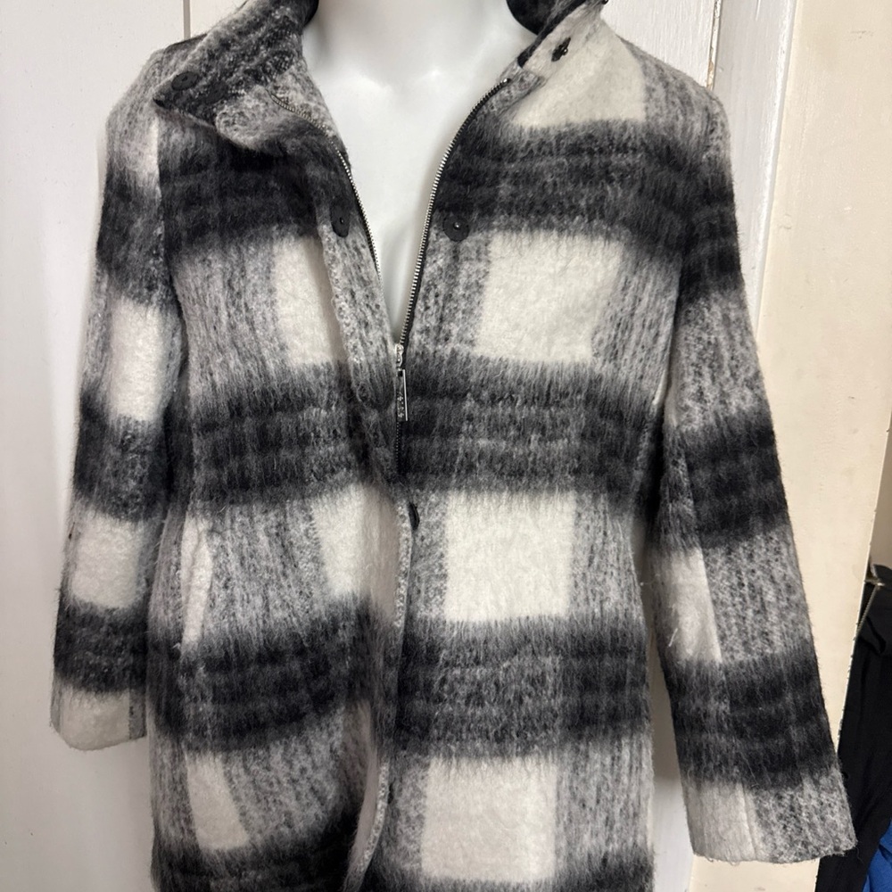 Kensie Black & White Plaid Mohair Blanket Wool Blend Coat Size Large